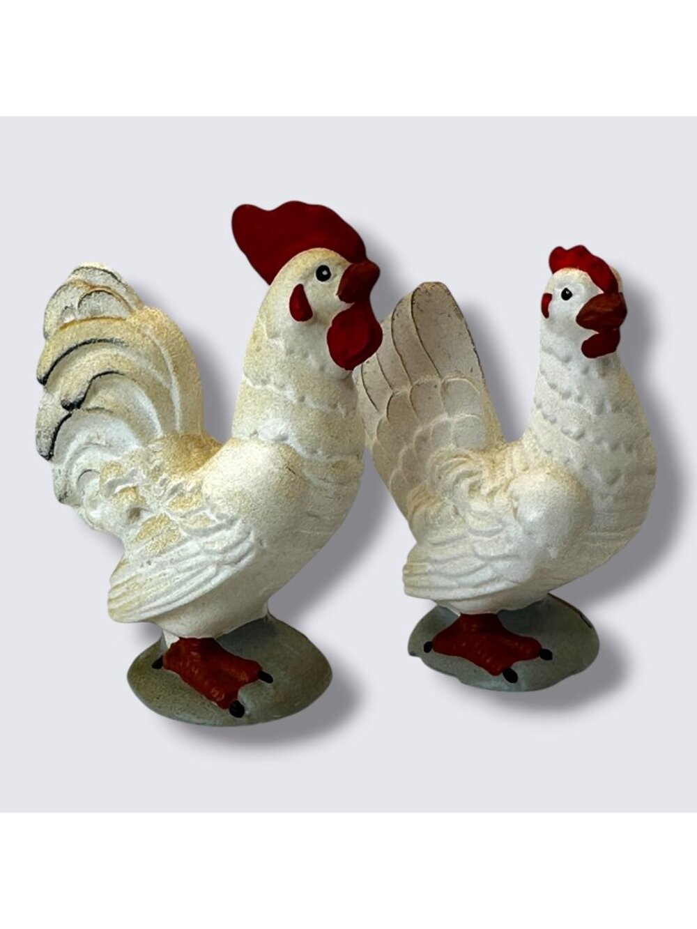 Vintage Plaster Rooster & Hen Figurines White & Red Country Farmhouse Decor